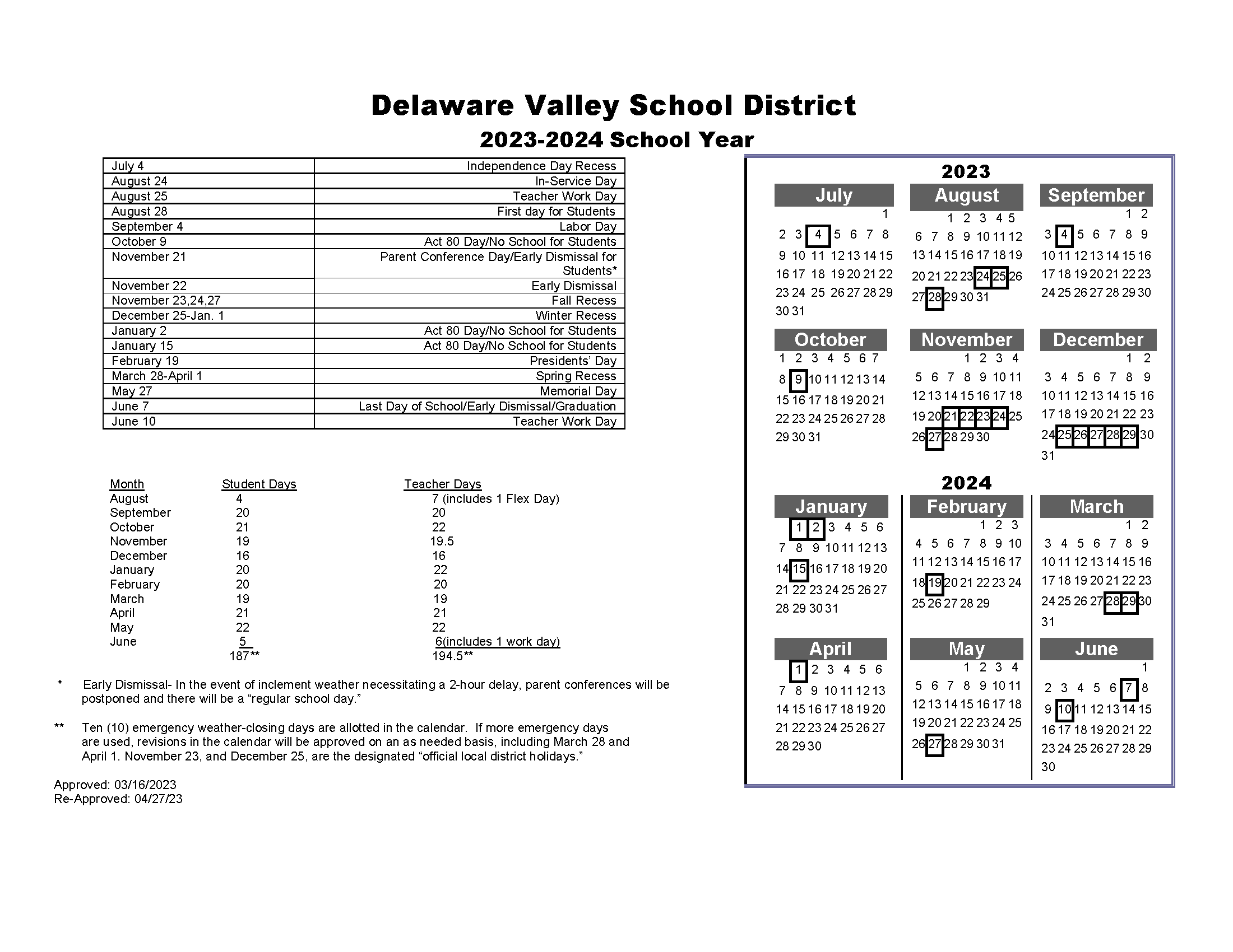 2023-2024 District Calendar